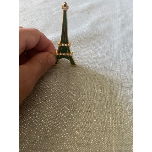 Unisex Eiffel Tower Brooch Green enamel & Gold w/rhinestones - Picture 2 of 4